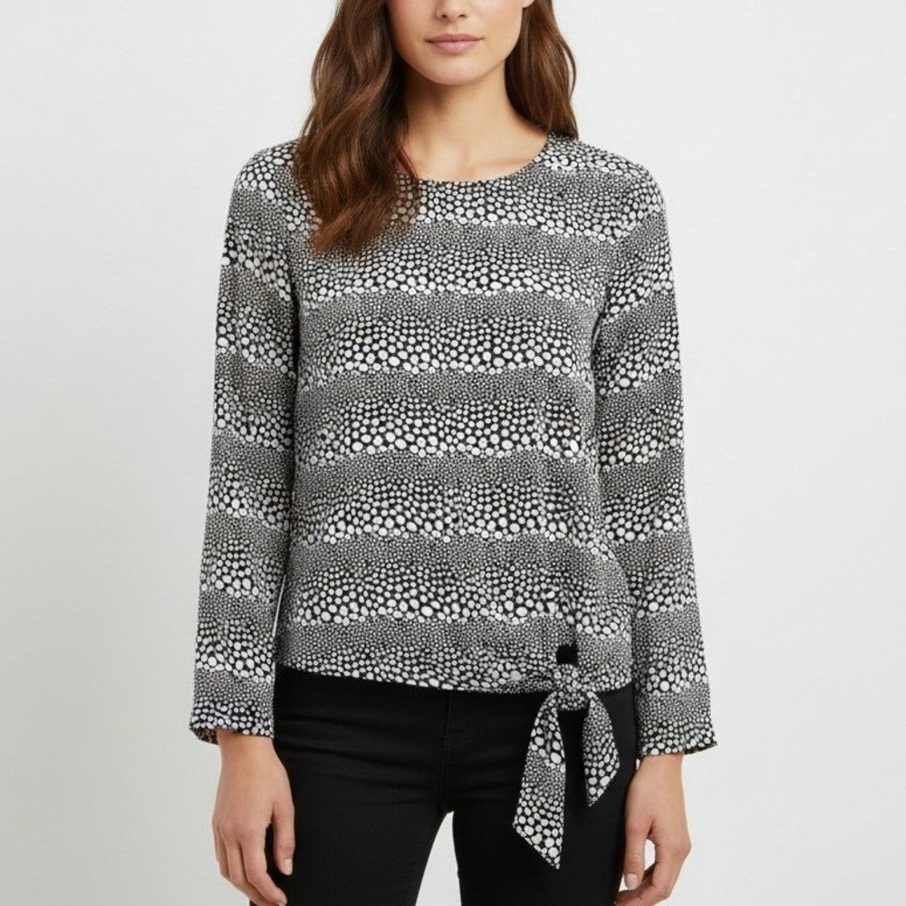 Talbots Womens Black White Dot Print Tie Front Long Sleeve Blouse Top Size Large